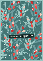 Christmas and Happy New Year illustration with with branches, leaves, berries, snowflakes. Trendy retro style. Vector design