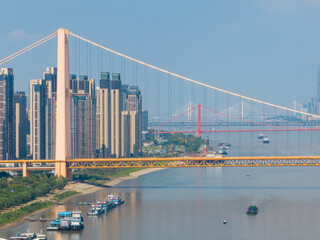 Wuhan River Beach and Yangtze River Bridge scenery