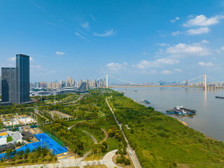 Wuhan River Beach and Yangtze River Bridge scenery