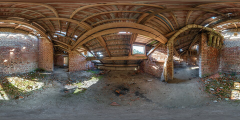 Fototapeta na wymiar 360 hdri panorama inside abandoned ruined decaying old destroyed building on attic floor in full seamless spherical hdri panorama in equirectangular projection, AR VR virtual reality content