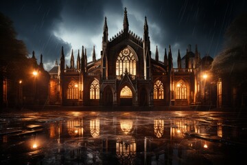 Fototapeta na wymiar Medieval cathedral illuminated by moonlight, Generative AI