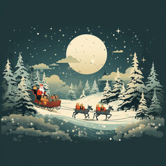 Santa on his sleigh on christmas night near a snowy forest