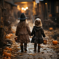 Two kids are seen dressed up and ready for a trick or treat halloween night