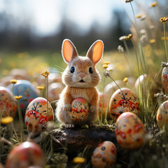 The Easter bunny is seen holding an easter egg in a garden