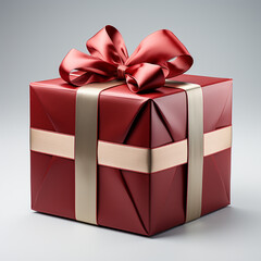 A red christmas present is seen wrapped with a golden ribbon 