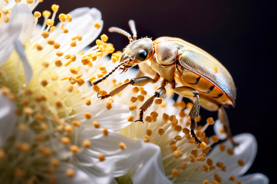 Insect macro photography. Wildlife . Close-up picture of golden beetle on flower.