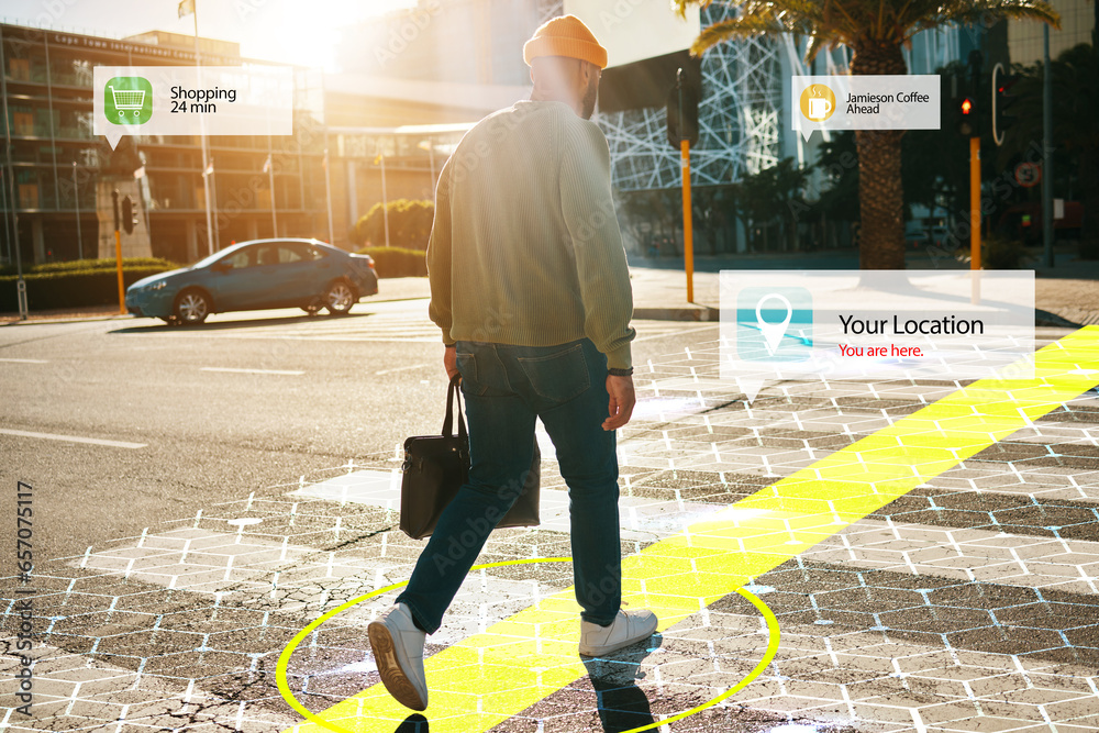Poster augmented reality, hologram and walking man in city with connection for futuristic internet travel i