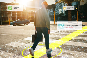 Augmented reality, hologram and walking man in city with connection for futuristic internet travel...