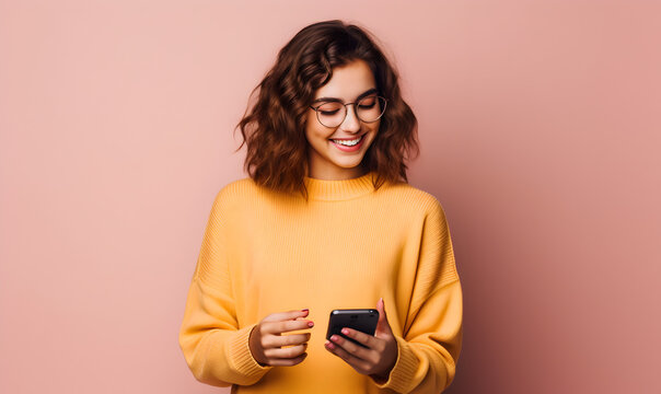 Jeune Femme Heureuse Qui Regarde Son Smartphone - Fond Uni