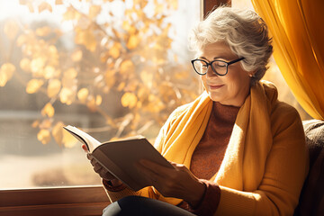 Beautiful senior lady reading a book by a window on sunny autumn day. Elderly woman enjoying nice fall weather. - obrazy, fototapety, plakaty