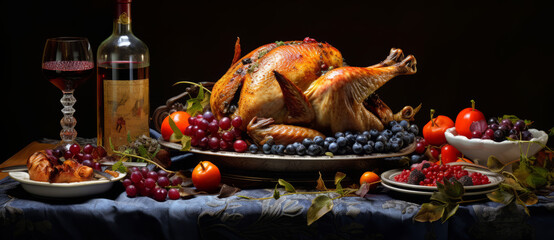 Christmas, thanksgiving dinner with whole roasted turkey or chicken on rustic wooden table.