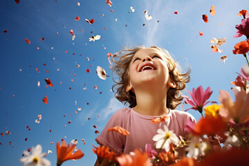 Obraz na płótnie Canvas Cheerful funny child in a flowering meadow on a sky background. Kid having fun with blossoming flower petals. View from the ground.