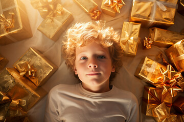 Cute little boy surrounded with his Christmas presents. Giving excessive amounts of gifts instead...
