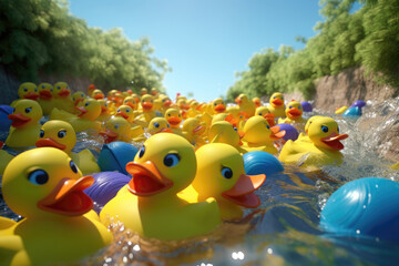 A large group of yellow, happy rubber ducks are having fun in a pond. - obrazy, fototapety, plakaty