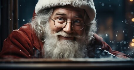 Obraz premium Santa Claus pointing in white blank sign with smile, on winter snow background.