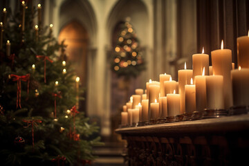 Lots of candles burning in church during Christmas time. Celebrating Christmas in church. Festive...
