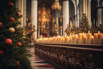 Lots of candles burning in church during Christmas time. Celebrating Christmas in church. Festive church decoration.