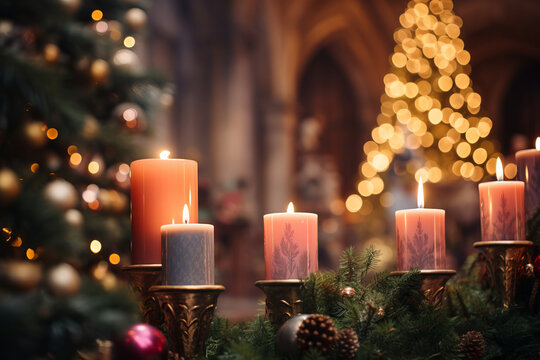 Lots of candles burning in church during Christmas time. Celebrating Christmas in church. Festive church decoration.