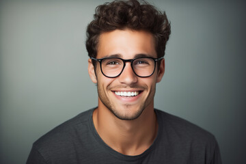 Naklejka premium Portrait of an attractive young man wearing eyeglasses. Head shot of smiling person wearing glasses.