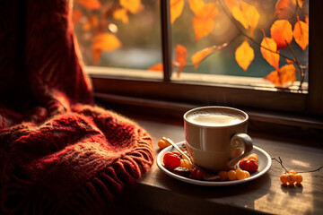 Cozy warm autumn composition with cup of hot coffee, cozy plaid blanket and autumn leaves by a window on sunny day. Autumn home decor. Fall mood. Thanksgiving. Halloween.