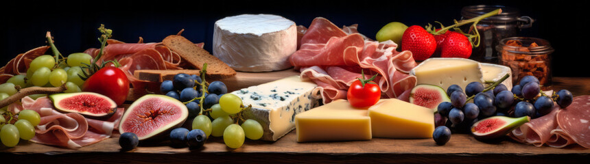 A blue cheese plate with cheese panorama with French, Italian, and Spanish cheeses