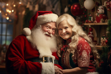 Santa Claus and his wife Mrs. Claus hugging in Santa workshop by Christmas tree. Festive interior inside wooden house. Celebrating festive season.