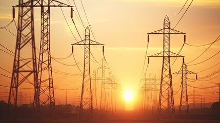 Large group of high voltage electric poles at sunset, natural light