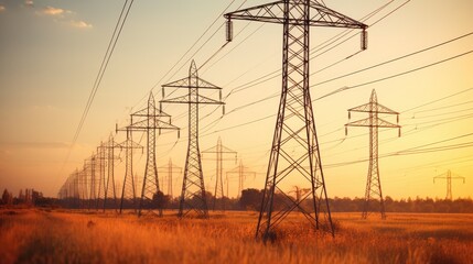 Large group of high voltage electric poles at sunset, natural light
