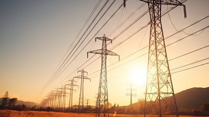 Fototapeta premium Large group of high voltage electric poles at sunset, natural light