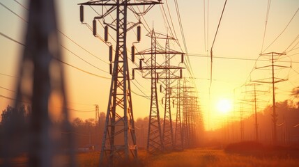 Large group of high voltage electric poles at sunset, natural light