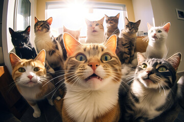 Group of funny cats viewed through a door peephole. Cat gang demanding to be let inside. Cats caught on camera. - obrazy, fototapety, plakaty