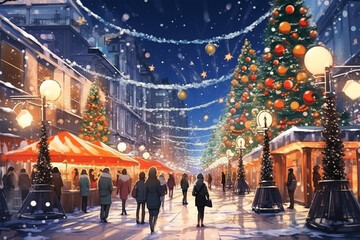 anime style background, a christmas celebration in the city - obrazy, fototapety, plakaty
