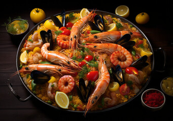 Paella. Traditional spanish food, seafood paella in a pan with mussels, king prawns, langoustine and squids
