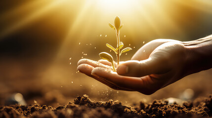 Close-up of a human hand planting grains or seeds in the soil ground. Gardening, agriculture, growing plants and flowers.  - obrazy, fototapety, plakaty