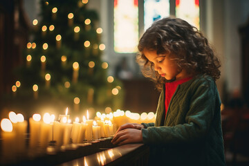 Beautiful Christian child praying over candles in church on Christmas time. Little kid worship with her hands folded. Believer in Christ. - obrazy, fototapety, plakaty