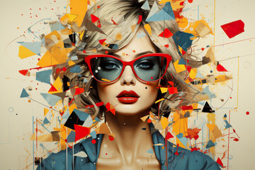 Pop art collage features an eye-catching fashion portrait of stylish young woman.
