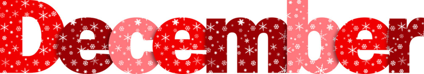 DECEMBER red typography banner with snowflakes