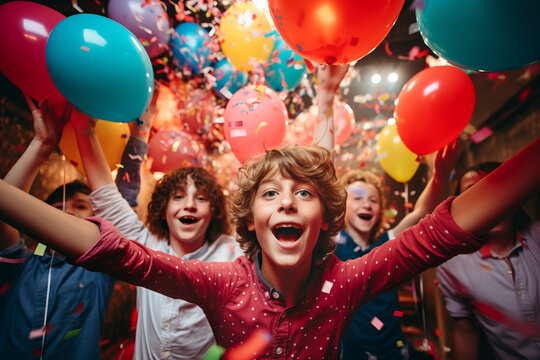 A group of cheerful eleven years old friends celebrating birthday indoors with colorful confetti and balloons. Crazy preteen birthday party at home.