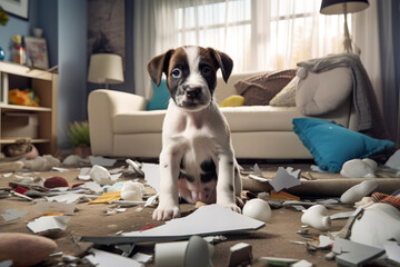 Cute puppy in the middle of mess in living room. Naughty dog making a mess while his owner is away. Behavioral problems in young canines. - obrazy, fototapety, plakaty