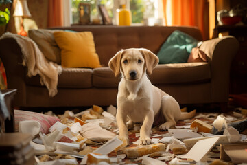 Cute puppy in the middle of mess in living room. Naughty dog making a mess while his owner is away. Behavioral problems in young canines.