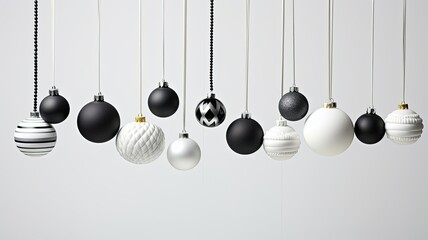 a black and white color toys by place classic Christmas ornaments like balls and bells on a white-painted fir branch, highlighting the contrast in an elegant, minimalist composition.