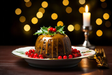 Christmas Pudding on a plate on Xmas table. Christmas pudding fruit cake with christmas decoration background.Traditional festive dessert.