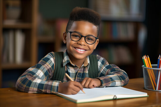 Happy black child doing his homework at home. Childhood and education at elementary school. Reading for kids.