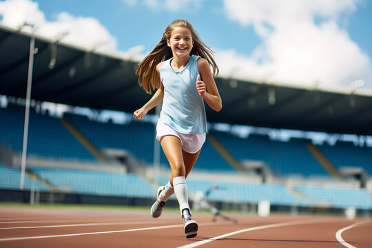 Motivated disabled athlete teenage girl with prosthetic leg running on a stadium.