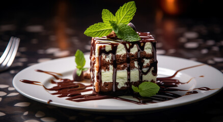 A delicious tiramisu dessert on a plate. A ready-made restaurant dish. Cake made of cookies and cocoa, with chocolate and a mint leaf. - obrazy, fototapety, plakaty
