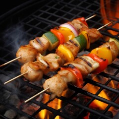 Grilled food on skewers cooking on a barbecue