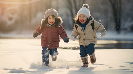 children bundled up in winter gear as they take their first steps onto the frozen pond. Their...