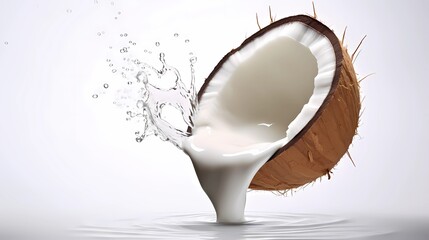 milk flows out slowly and vertically from a slanted coconut shell on white background, coconut milk, Generative AI - obrazy, fototapety, plakaty