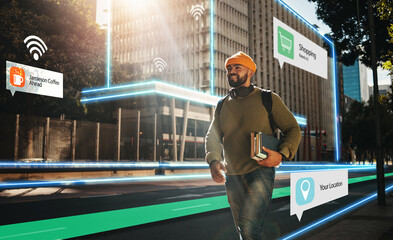 Augmented reality, hologram and student walking in city with connection for futuristic internet...