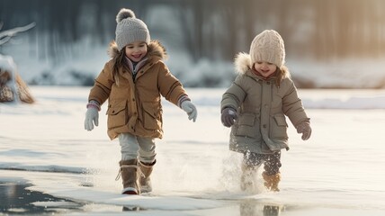 children bundled up in winter gear as they take their first steps onto the frozen pond. Their expressions of wonder and delight as they learn to ice skate make for heartwarming and endearing images. - obrazy, fototapety, plakaty